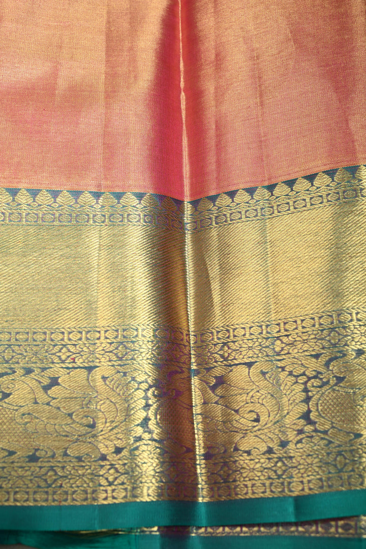 Pink-Gold Tissue Kanjivaram Soft Silk Saree with Zari Ornated Stripes Brocade and Contrast Zari Border | SILK MARK CERTIFIED | SHOBITAM