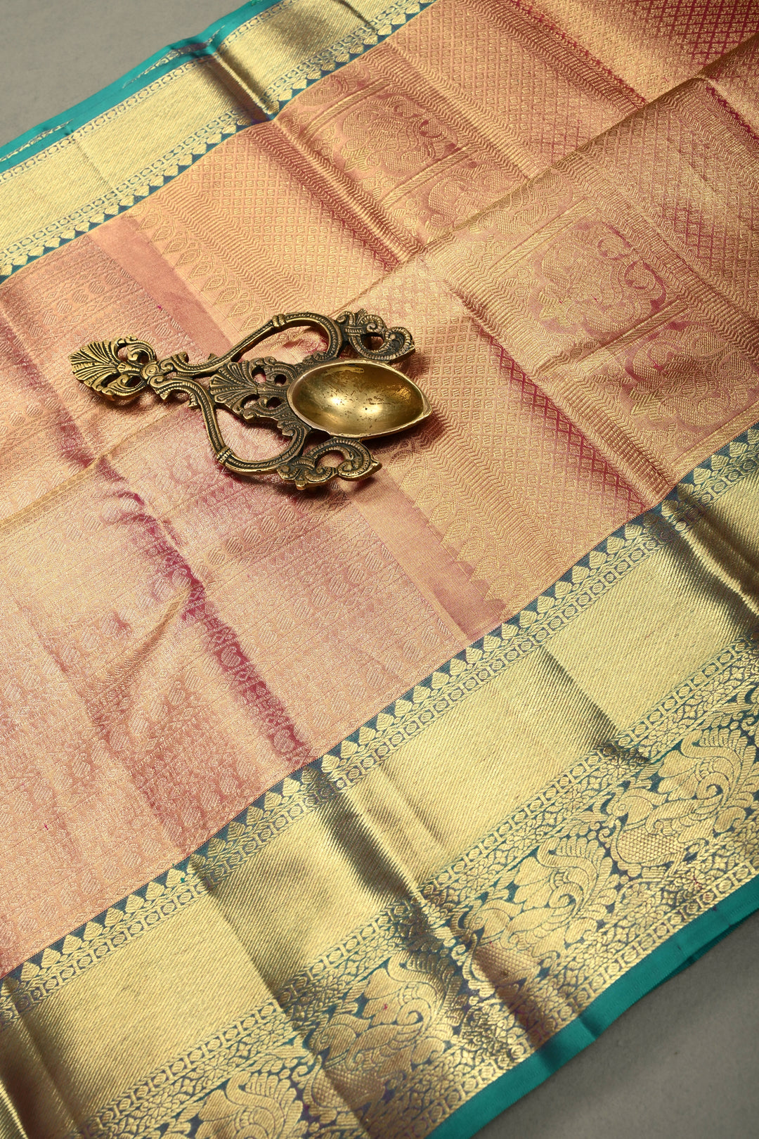 Pink-Gold Tissue Kanjivaram Soft Silk Saree with Zari Ornated Stripes Brocade and Contrast Zari Border | SILK MARK CERTIFIED | SHOBITAM