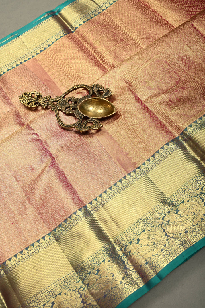 Pink-Gold Tissue Kanjivaram Soft Silk Saree with Zari Ornated Stripes Brocade and Contrast Zari Border | SILK MARK CERTIFIED | SHOBITAM