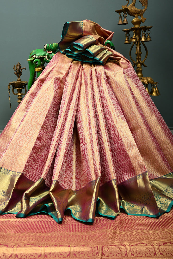 Pink-Gold Tissue Kanjivaram Soft Silk Saree with Zari Ornated Stripes Brocade and Contrast Zari Border | SILK MARK CERTIFIED | SHOBITAM