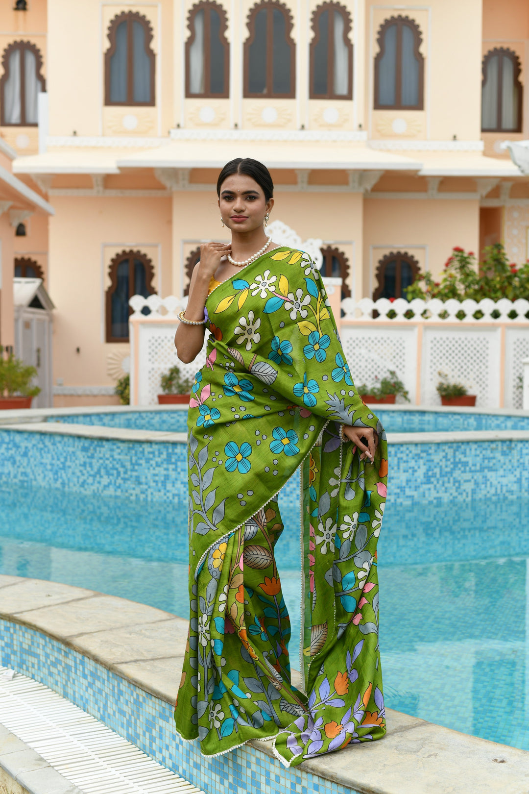 Grass Green Pure Handloom Silk saree with Hand Painted Kalamkari Design and Pearls Border| SILK MARK CERTIFIED | SHOBITAM