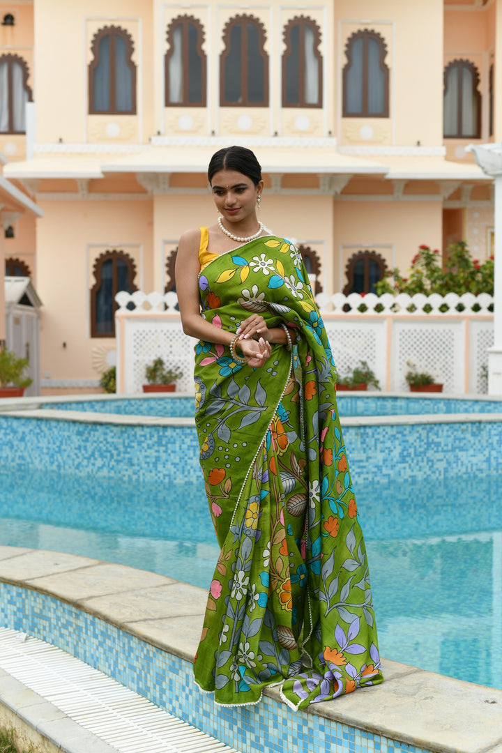 Grass Green Pure Handloom Silk saree with Hand Painted Kalamkari Design and Pearls Border| SILK MARK CERTIFIED | SHOBITAM