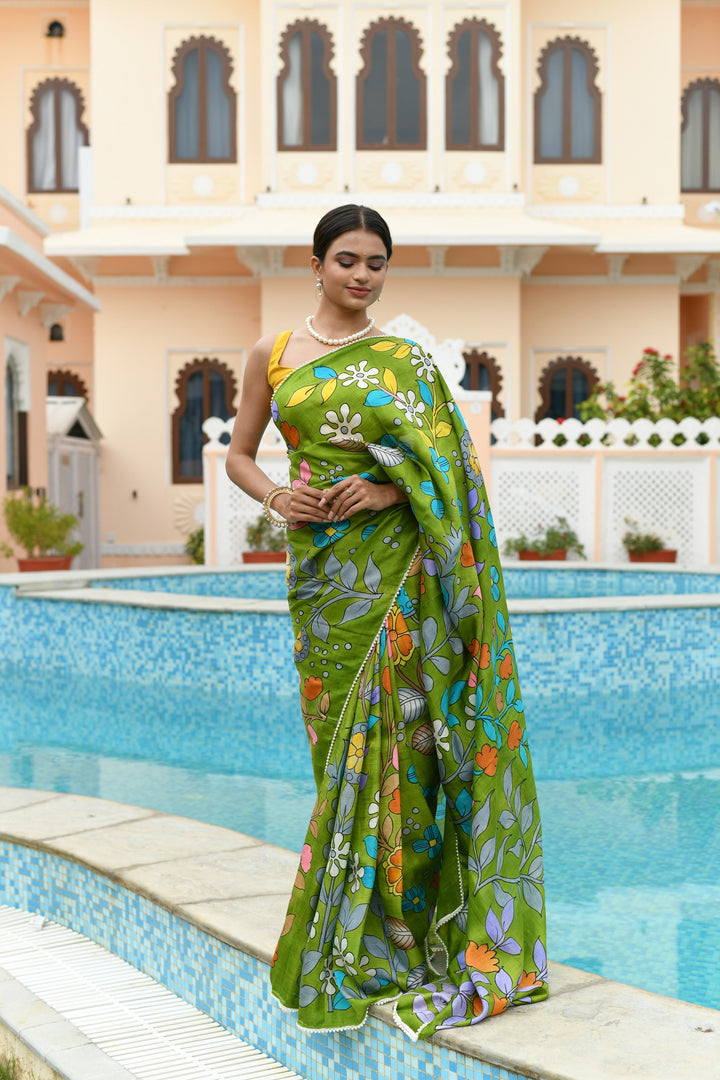 Grass Green Pure Handloom Silk saree with Hand Painted Kalamkari Design and Pearls Border| SILK MARK CERTIFIED | SHOBITAM