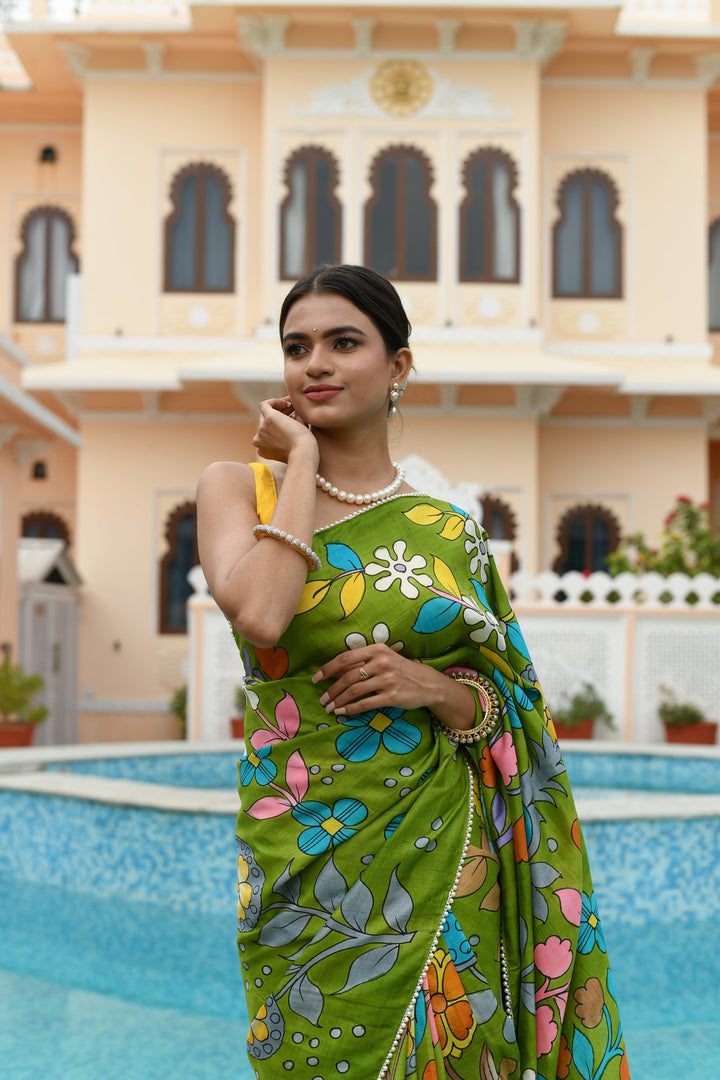Grass Green Pure Handloom Silk saree with Hand Painted Kalamkari Design and Pearls Border| SILK MARK CERTIFIED | SHOBITAM