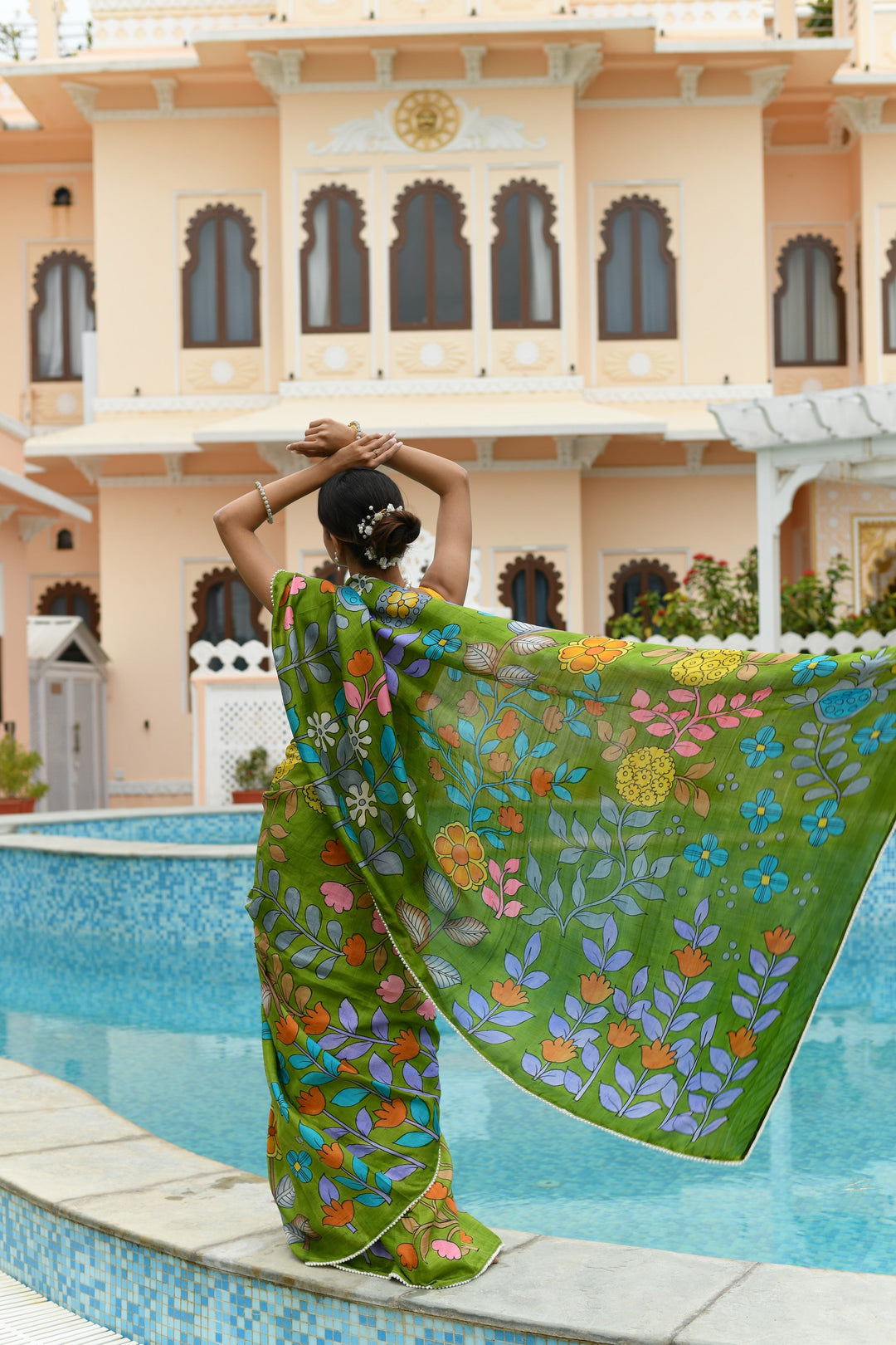Grass Green Pure Handloom Silk saree with Hand Painted Kalamkari Design and Pearls Border| SILK MARK CERTIFIED | SHOBITAM