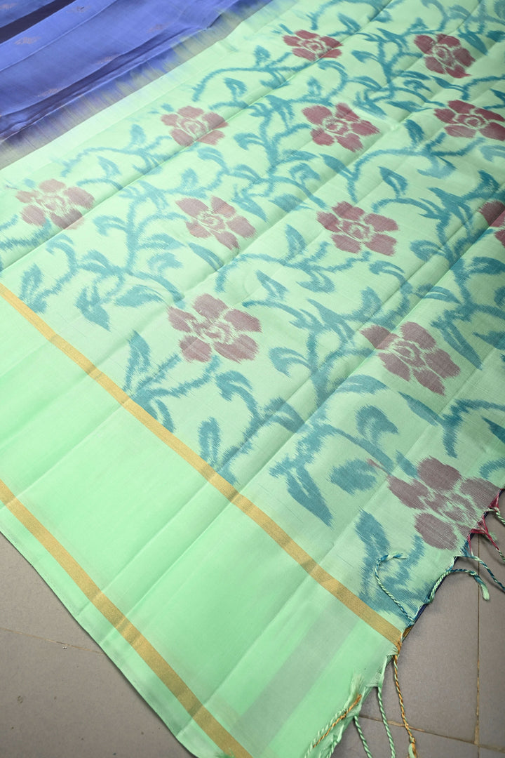 Prussian Blue Zari Buttas on Kanjivaram Soft Silk Saree with Contrast Border and Ikkat Pallu | SILK MARK CERTIFIED | SHOBITAM