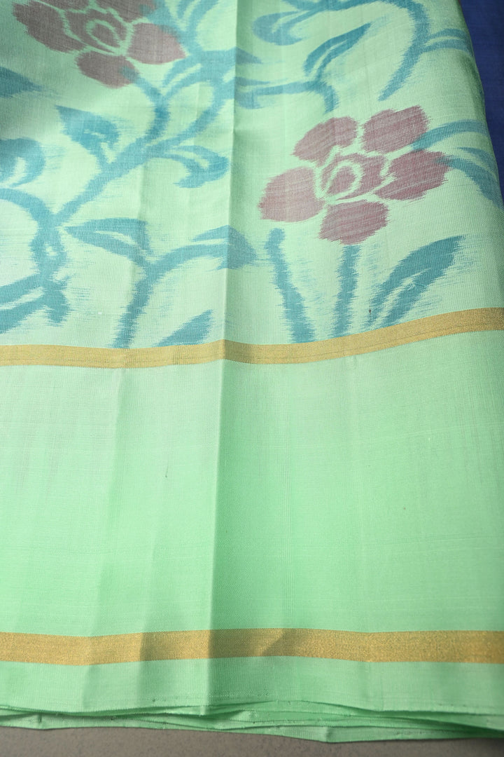 Prussian Blue Zari Buttas on Kanjivaram Soft Silk Saree with Contrast Border and Ikkat Pallu | SILK MARK CERTIFIED | SHOBITAM