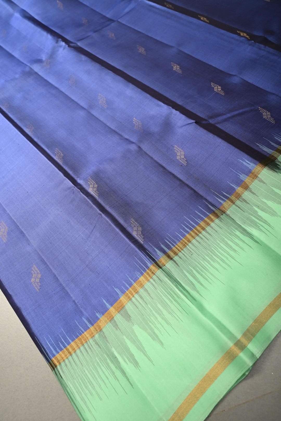 Prussian Blue Zari Buttas on Kanjivaram Soft Silk Saree with Contrast Border and Ikkat Pallu | SILK MARK CERTIFIED | SHOBITAM