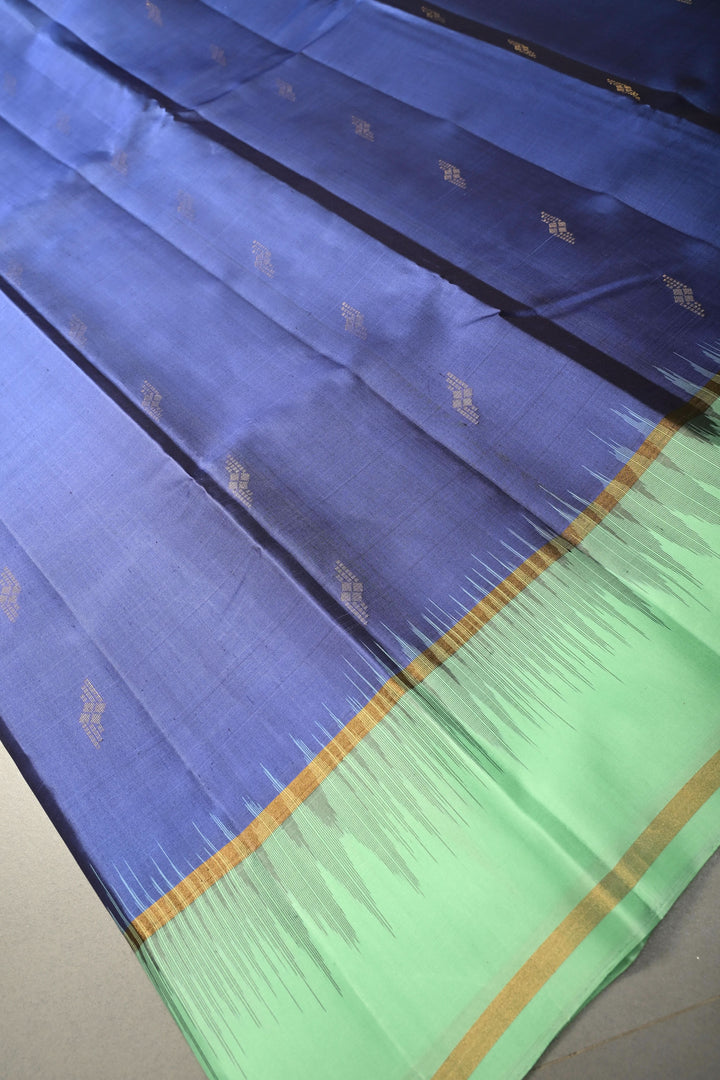Prussian Blue Zari Buttas on Kanjivaram Soft Silk Saree with Contrast Border and Ikkat Pallu | SILK MARK CERTIFIED | SHOBITAM