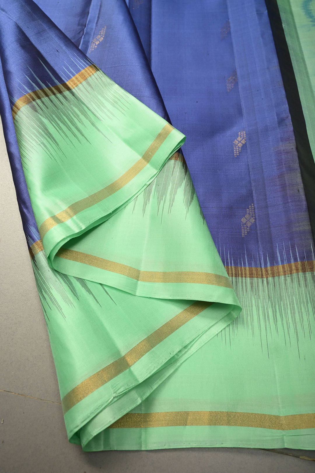 Prussian Blue Zari Buttas on Kanjivaram Soft Silk Saree with Contrast Border and Ikkat Pallu | SILK MARK CERTIFIED | SHOBITAM