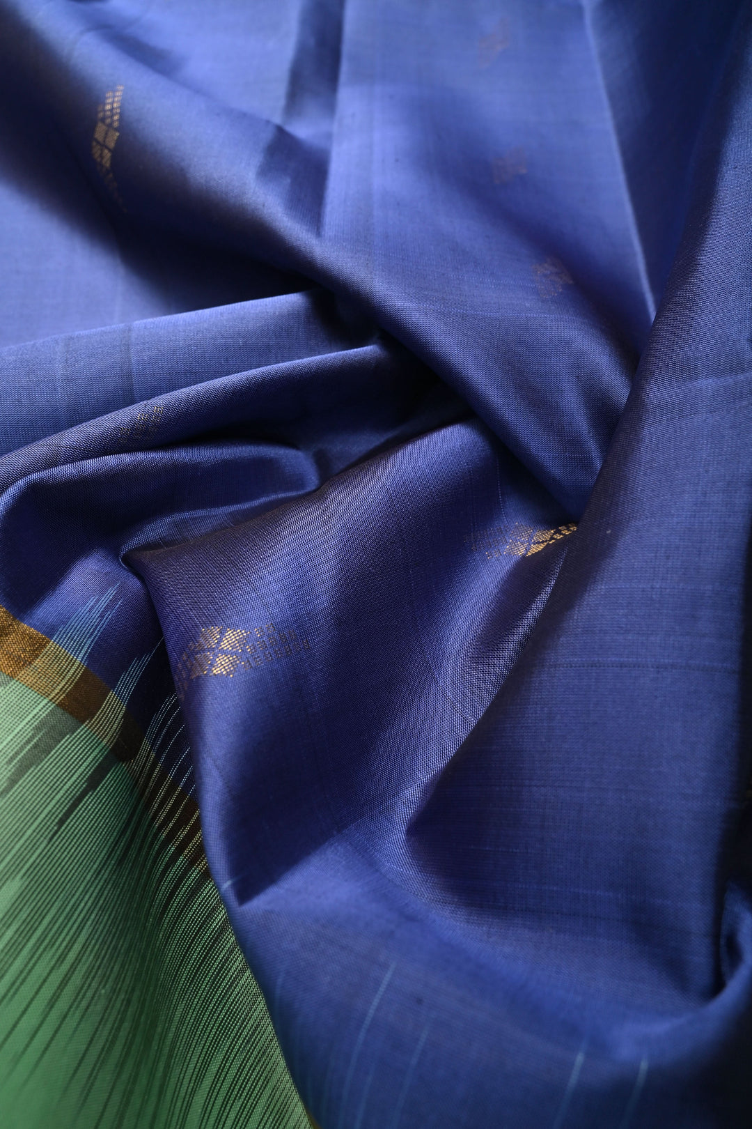 Prussian Blue Zari Buttas on Kanjivaram Soft Silk Saree with Contrast Border and Ikkat Pallu | SILK MARK CERTIFIED | SHOBITAM