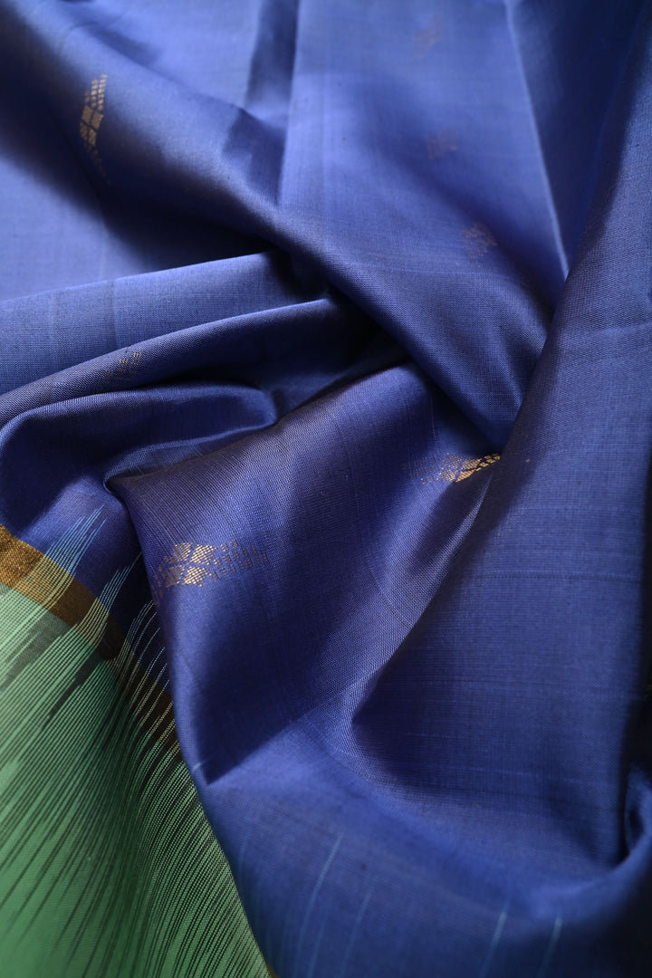 Prussian Blue Zari Buttas on Kanjivaram Soft Silk Saree with Contrast Border and Ikkat Pallu | SILK MARK CERTIFIED | SHOBITAM