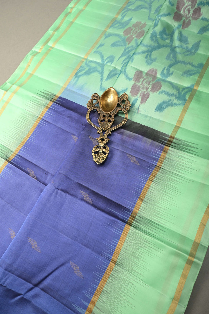 Prussian Blue Zari Buttas on Kanjivaram Soft Silk Saree with Contrast Border and Ikkat Pallu | SILK MARK CERTIFIED | SHOBITAM