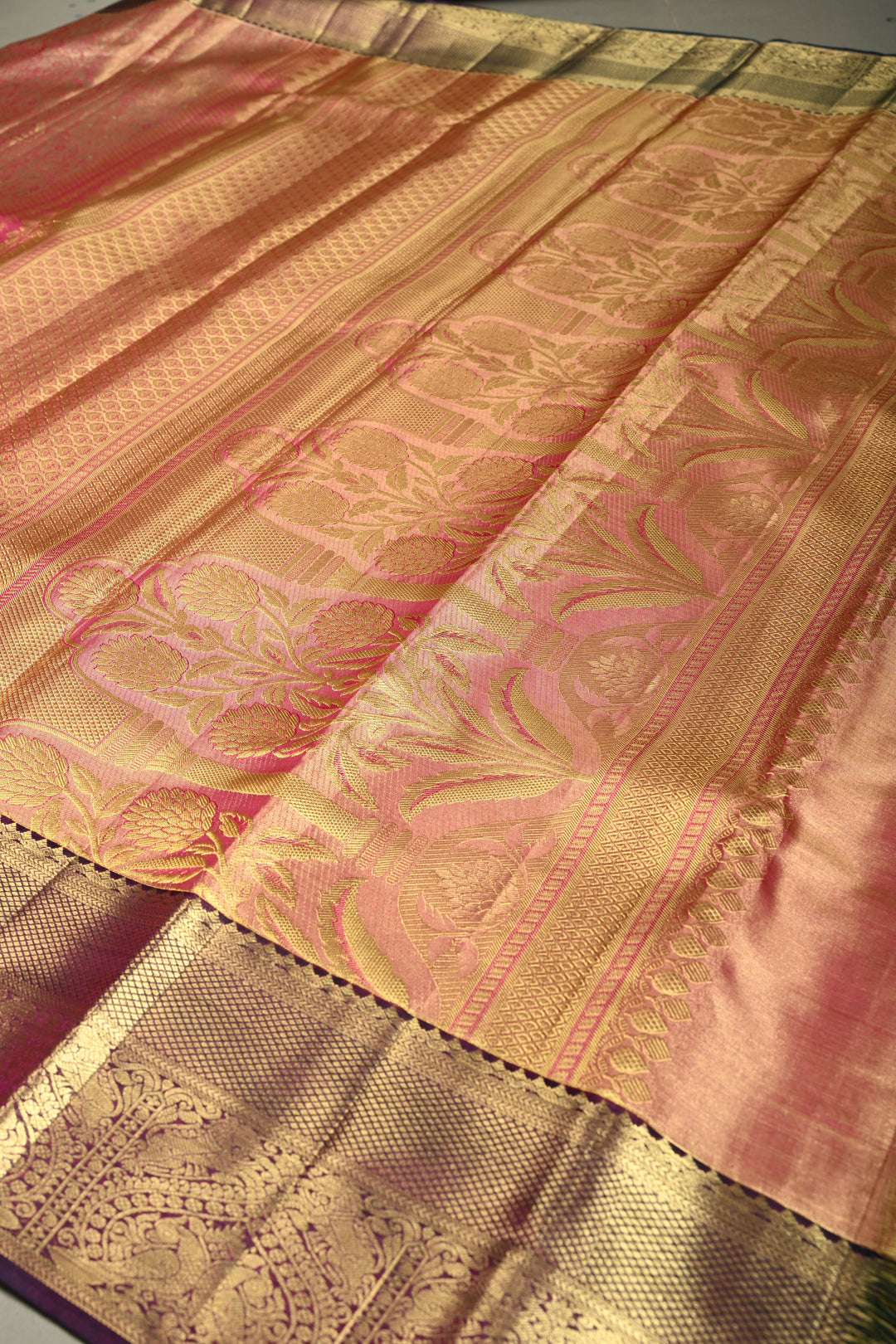 Pink Tissue Kanjivaram Soft Silk Saree with Meenakari Vanasingaram Brocade and Contrast Zari Border | SILK MARK CERTIFIED | SHOBITAM
