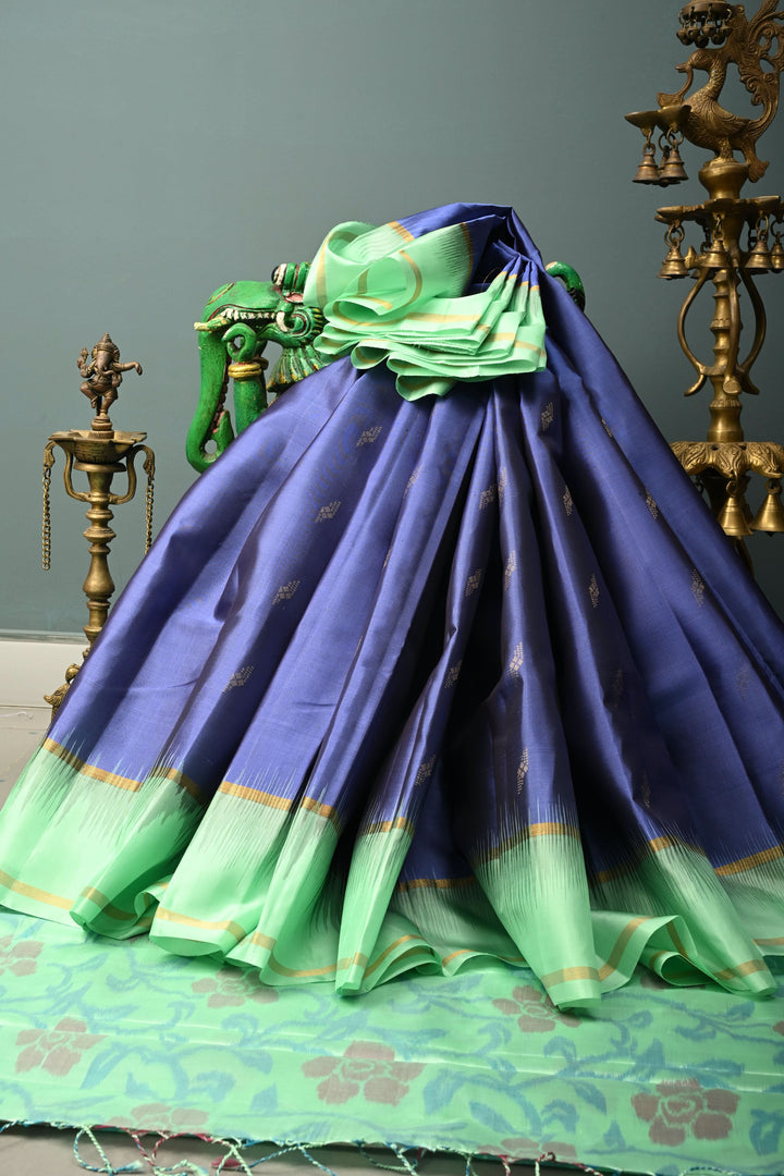 Prussian Blue Zari Buttas on Kanjivaram Soft Silk Saree with Contrast Border and Ikkat Pallu | SILK MARK CERTIFIED | SHOBITAM
