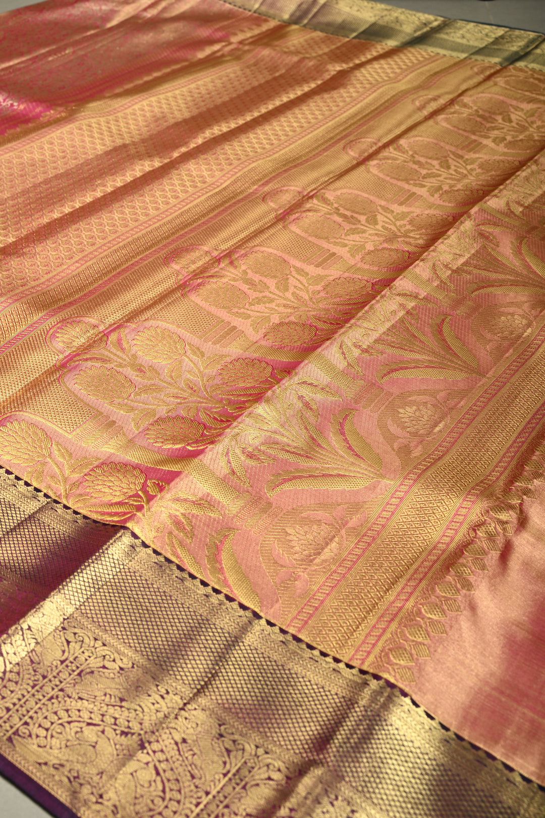 Pink Tissue Kanjivaram Soft Silk Saree with Meenakari Vanasingaram Brocade and Contrast Zari Border | SILK MARK CERTIFIED | SHOBITAM