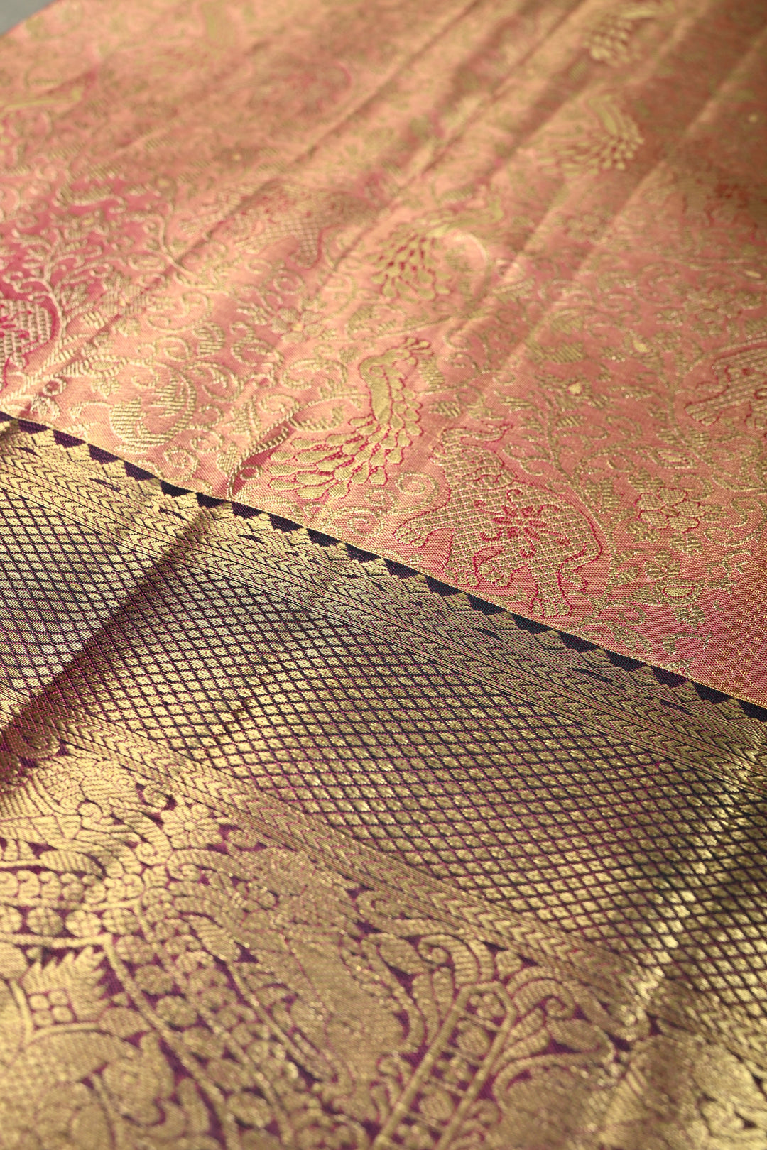 Pink Tissue Kanjivaram Soft Silk Saree with Meenakari Vanasingaram Brocade and Contrast Zari Border | SILK MARK CERTIFIED | SHOBITAM