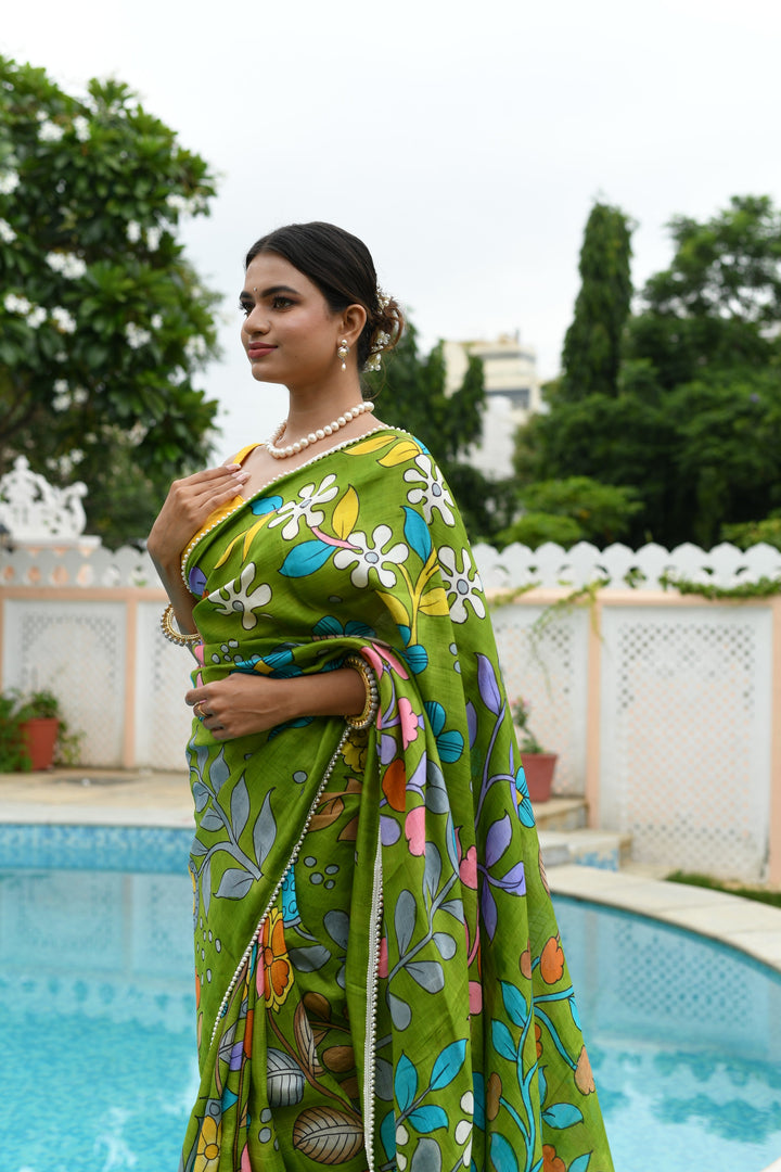Grass Green Pure Handloom Silk saree with Hand Painted Kalamkari Design and Pearls Border| SILK MARK CERTIFIED | SHOBITAM