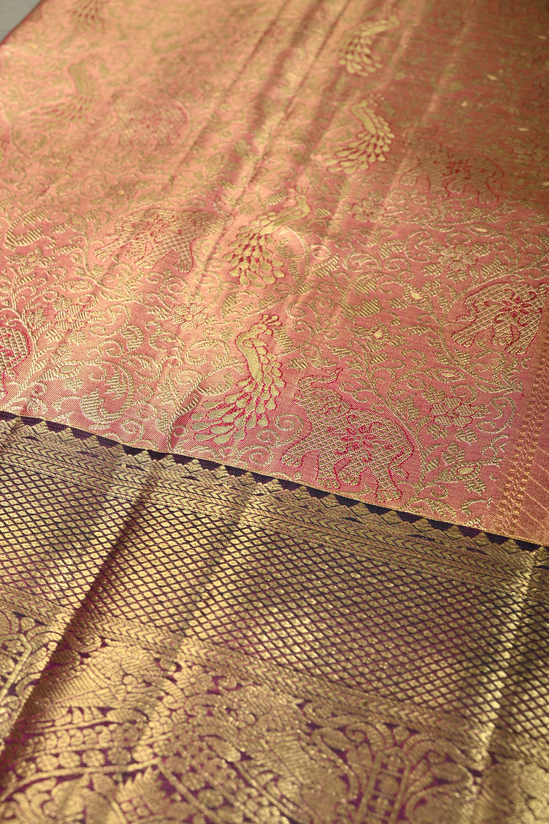 Pink Tissue Kanjivaram Soft Silk Saree with Meenakari Vanasingaram Brocade and Contrast Zari Border | SILK MARK CERTIFIED | SHOBITAM