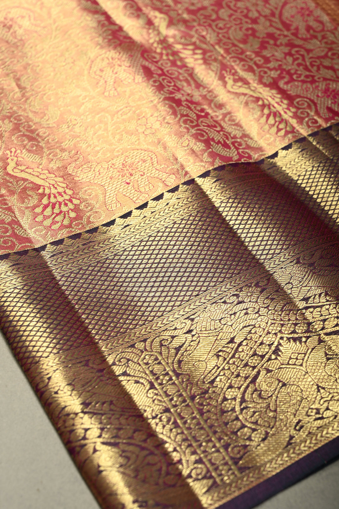 Pink Tissue Kanjivaram Soft Silk Saree with Meenakari Vanasingaram Brocade and Contrast Zari Border | SILK MARK CERTIFIED | SHOBITAM