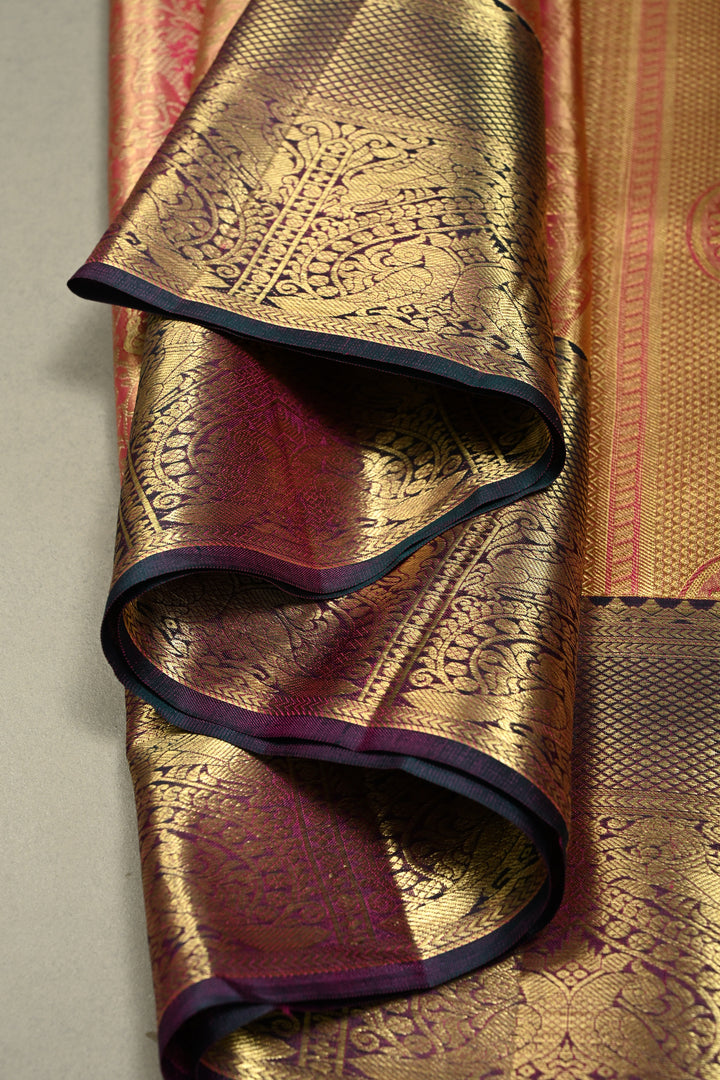 Pink Tissue Kanjivaram Soft Silk Saree with Meenakari Vanasingaram Brocade and Contrast Zari Border | SILK MARK CERTIFIED | SHOBITAM