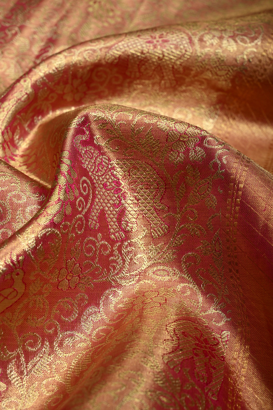 Pink Tissue Kanjivaram Soft Silk Saree with Meenakari Vanasingaram Brocade and Contrast Zari Border | SILK MARK CERTIFIED | SHOBITAM