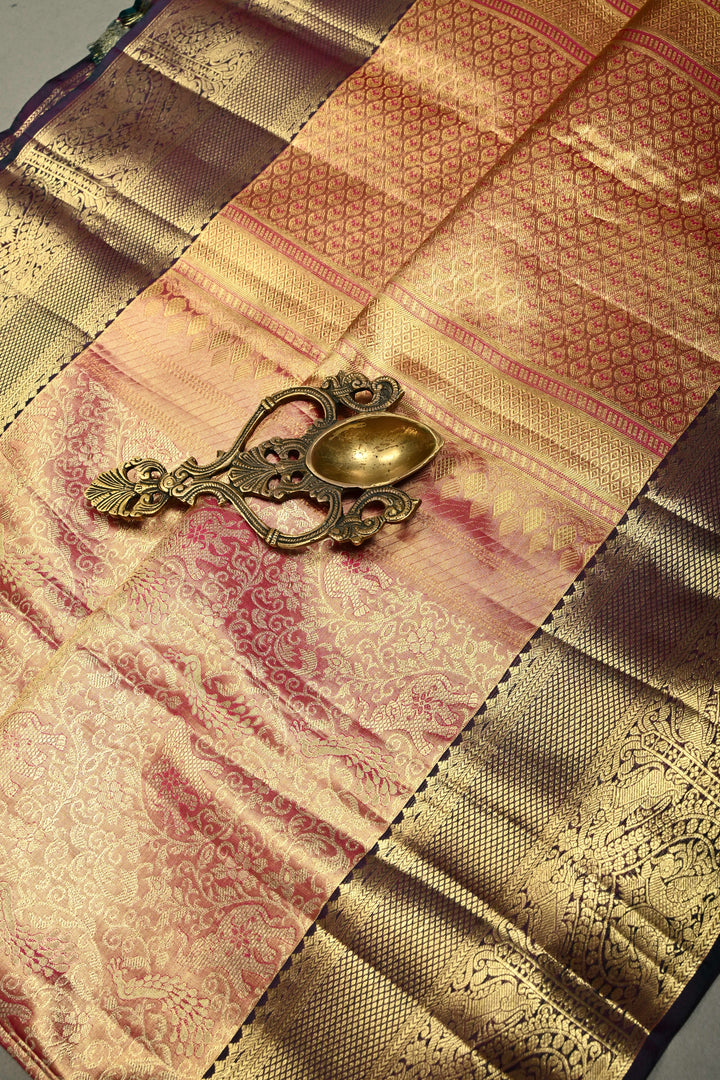 Pink Tissue Kanjivaram Soft Silk Saree with Meenakari Vanasingaram Brocade and Contrast Zari Border | SILK MARK CERTIFIED | SHOBITAM