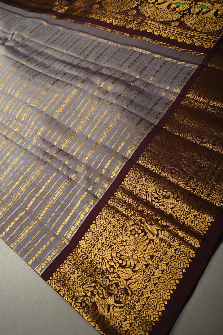 Gray Gadwal Silk Saree with Zari Stripes and Contrast Zari Border | SILK MARK CERTIFIED | SHOBITAM