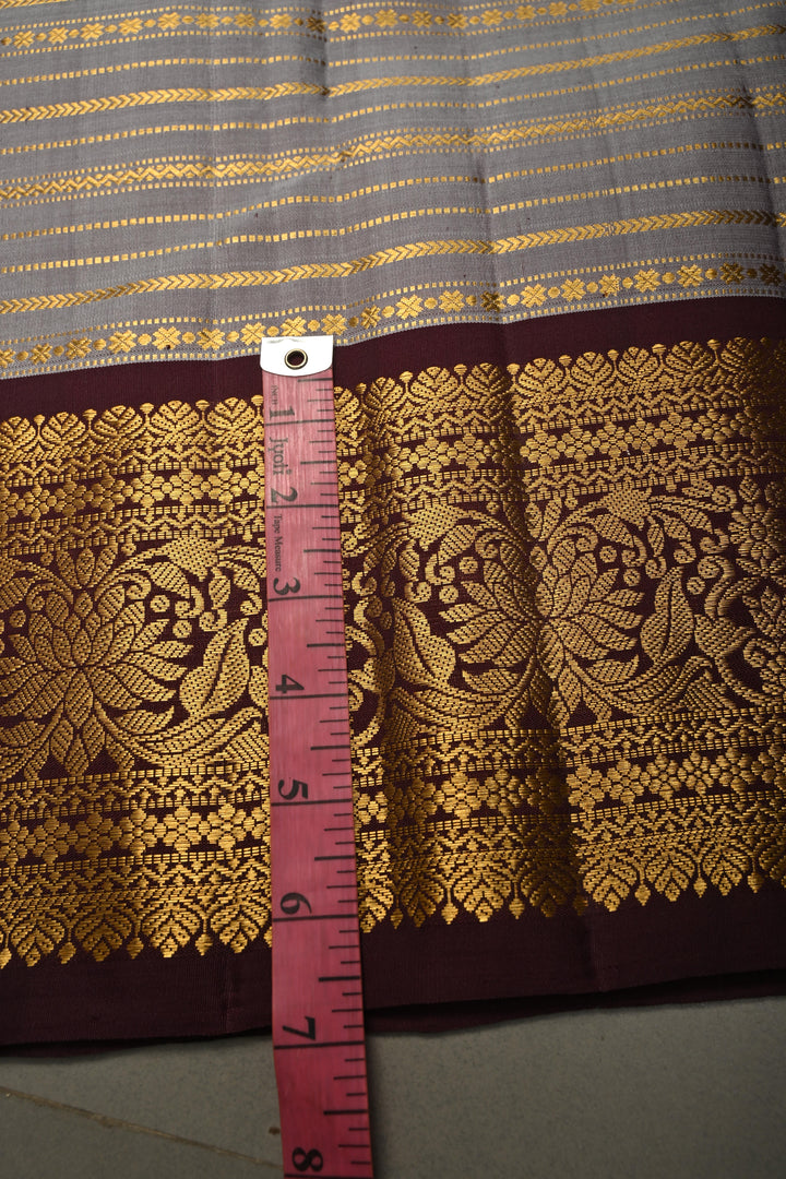 Gray Gadwal Silk Saree with Zari Stripes and Contrast Zari Border | SILK MARK CERTIFIED | SHOBITAM