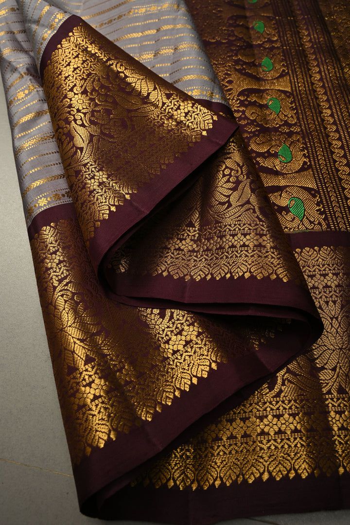 Gray Gadwal Silk Saree with Zari Stripes and Contrast Zari Border | SILK MARK CERTIFIED | SHOBITAM