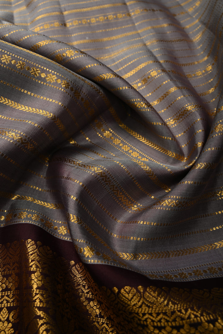 Gray Gadwal Silk Saree with Zari Stripes and Contrast Zari Border | SILK MARK CERTIFIED | SHOBITAM