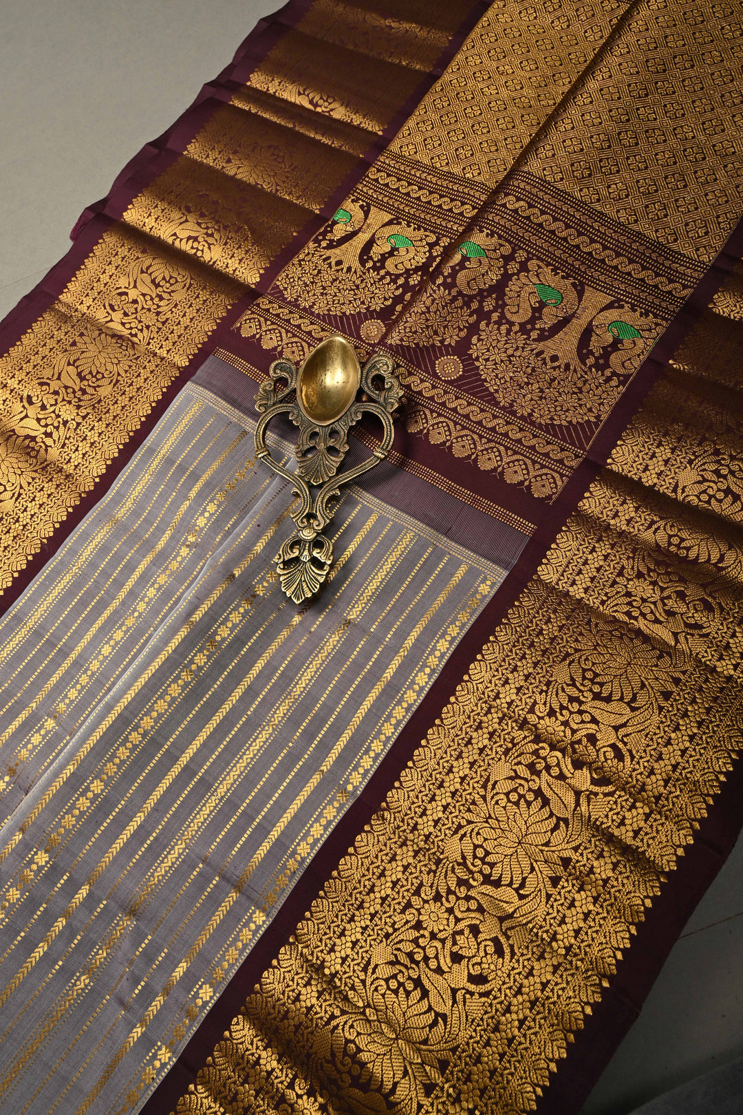 Gray Gadwal Silk Saree with Zari Stripes and Contrast Zari Border | SILK MARK CERTIFIED | SHOBITAM
