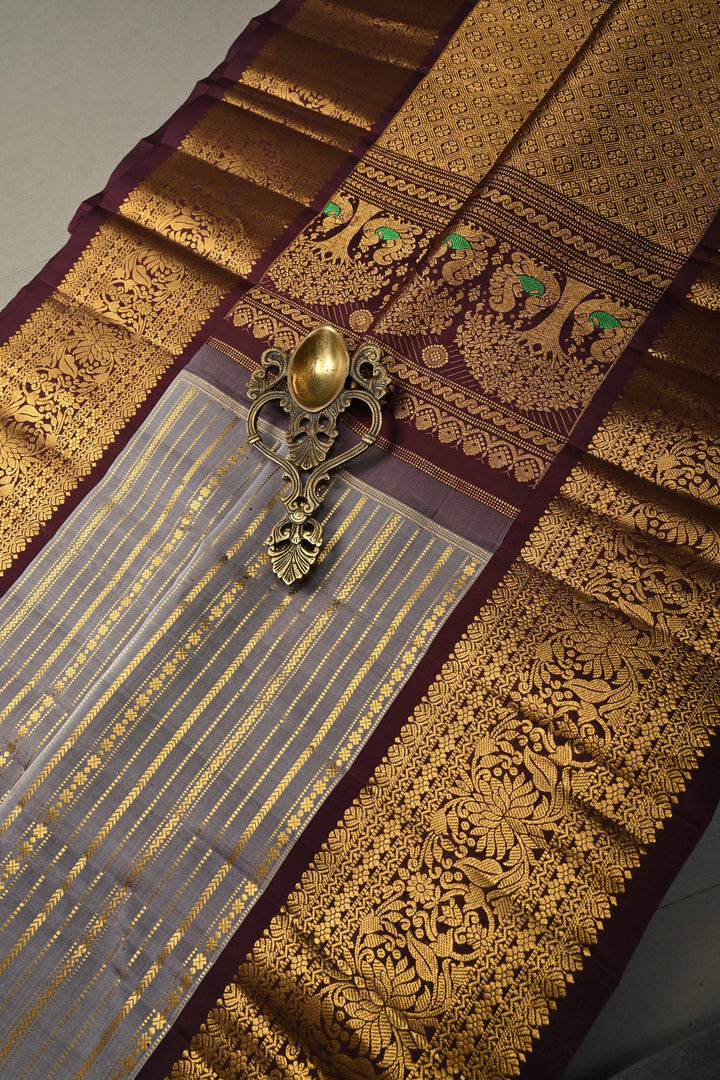 Gray Gadwal Silk Saree with Zari Stripes and Contrast Zari Border | SILK MARK CERTIFIED | SHOBITAM