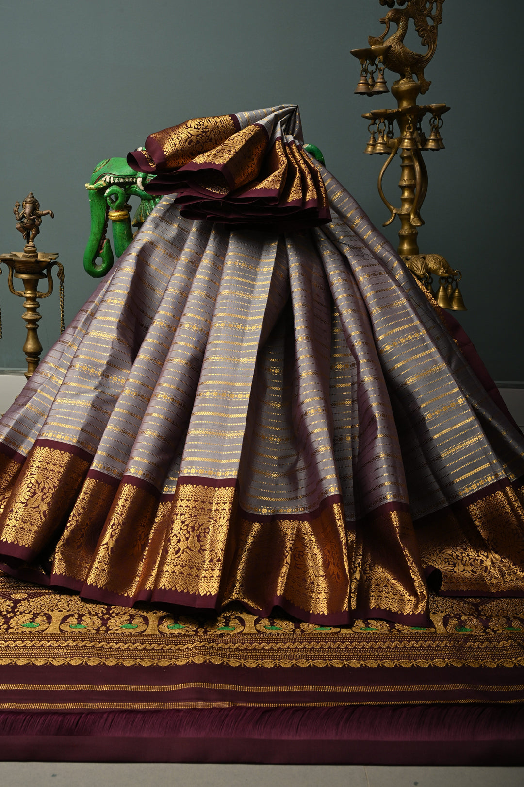 Gray Gadwal Silk Saree with Zari Stripes and Contrast Zari Border | SILK MARK CERTIFIED | SHOBITAM