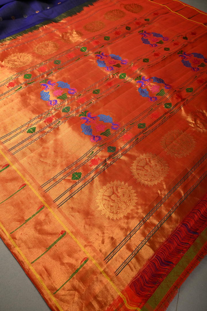 Navy Blue Korvai Gadwal Paithani Inspired Silk Saree with Gold-Silver Buttas and Muniya Tissue Zari Border | SILK MARK CERTIFIED | SHOBITAM