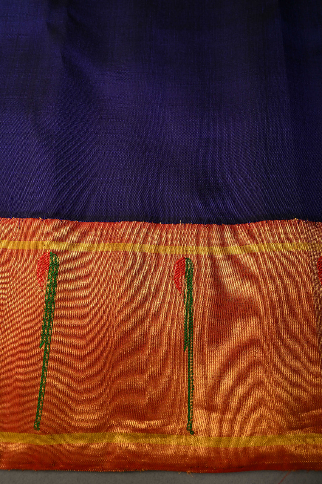 Navy Blue Korvai Gadwal Paithani Inspired Silk Saree with Gold-Silver Buttas and Muniya Tissue Zari Border | SILK MARK CERTIFIED | SHOBITAM