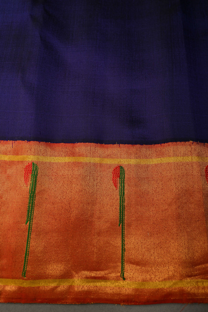 Navy Blue Korvai Gadwal Paithani Inspired Silk Saree with Gold-Silver Buttas and Muniya Tissue Zari Border | SILK MARK CERTIFIED | SHOBITAM