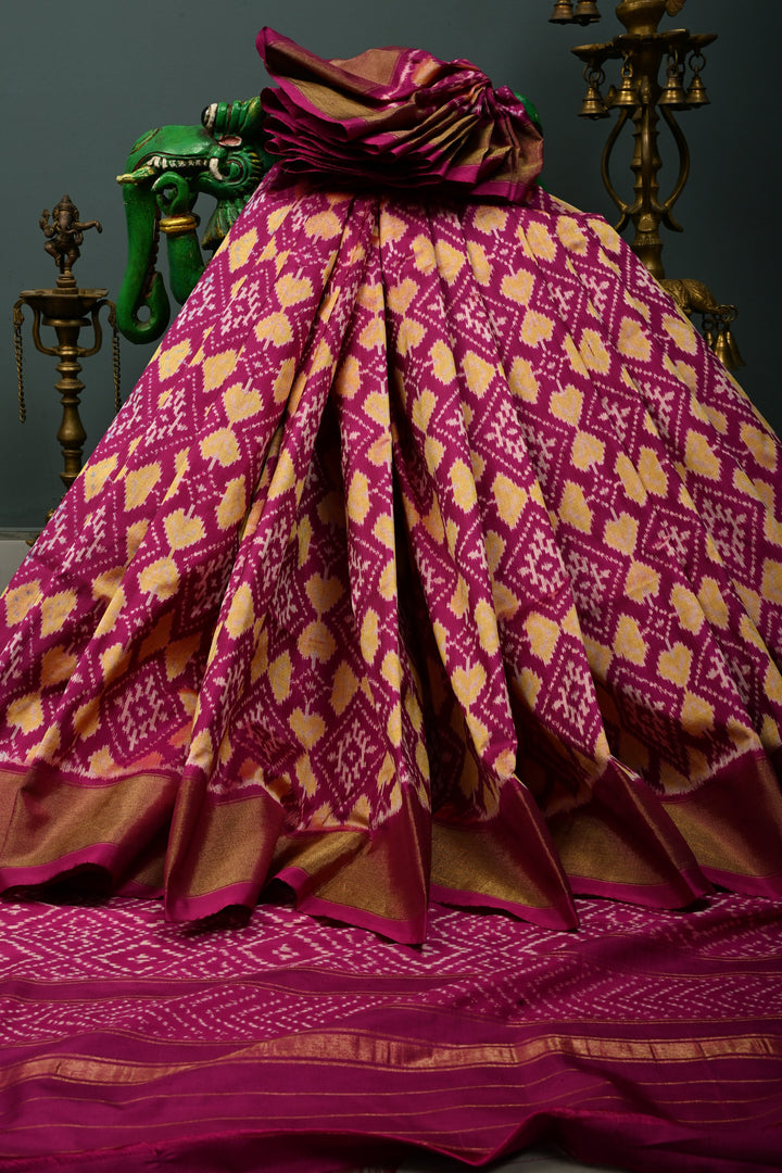 Purple Pochampally Ikkat Pure Silk Saree with Geomatric Brocade Jaal and Tissue Zari Border  | SILK MARK CERTIFIED | SHOBITAM