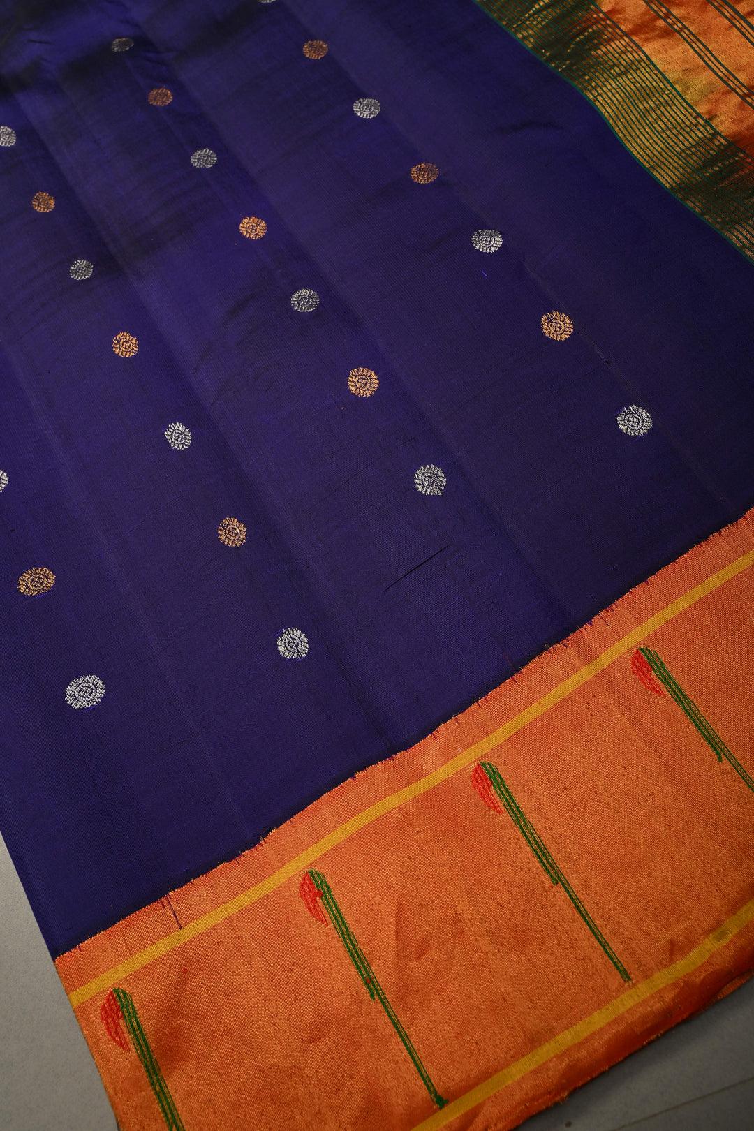 Navy Blue Korvai Gadwal Paithani Inspired Silk Saree with Gold-Silver Buttas and Muniya Tissue Zari Border | SILK MARK CERTIFIED | SHOBITAM