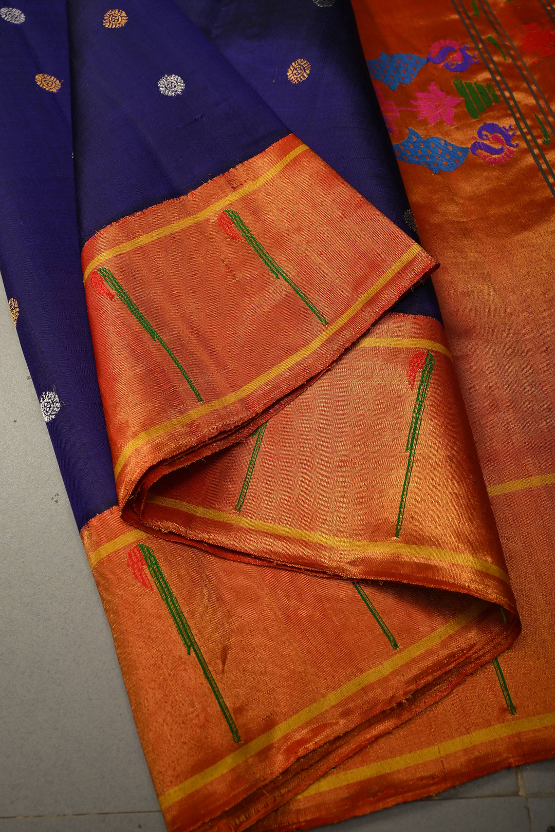Navy Blue Korvai Gadwal Paithani Inspired Silk Saree with Gold-Silver Buttas and Muniya Tissue Zari Border | SILK MARK CERTIFIED | SHOBITAM