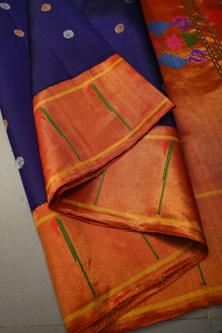 Navy Blue Korvai Gadwal Paithani Inspired Silk Saree with Gold-Silver Buttas and Muniya Tissue Zari Border | SILK MARK CERTIFIED | SHOBITAM