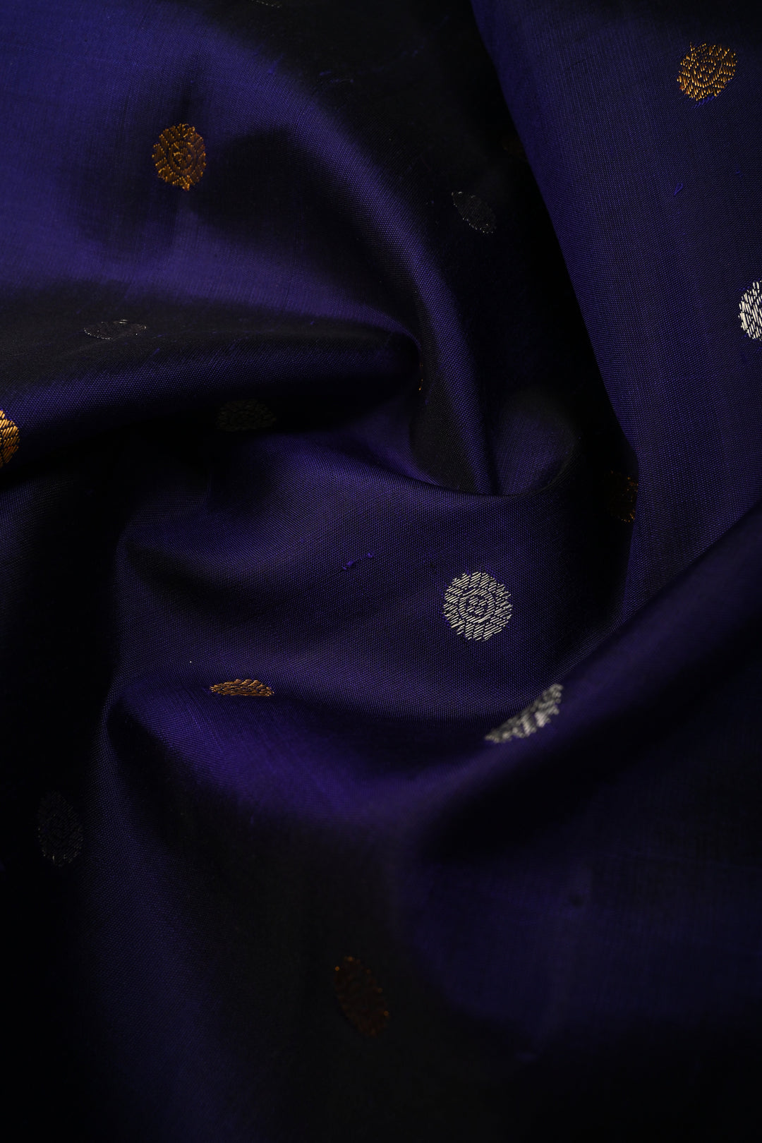 Navy Blue Korvai Gadwal Paithani Inspired Silk Saree with Gold-Silver Buttas and Muniya Tissue Zari Border | SILK MARK CERTIFIED | SHOBITAM