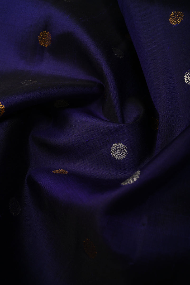 Navy Blue Korvai Gadwal Paithani Inspired Silk Saree with Gold-Silver Buttas and Muniya Tissue Zari Border | SILK MARK CERTIFIED | SHOBITAM