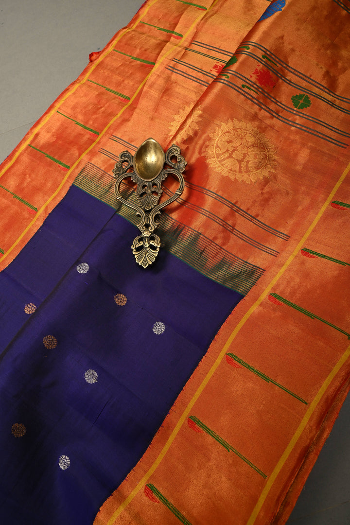 Navy Blue Korvai Gadwal Paithani Inspired Silk Saree with Gold-Silver Buttas and Muniya Tissue Zari Border | SILK MARK CERTIFIED | SHOBITAM