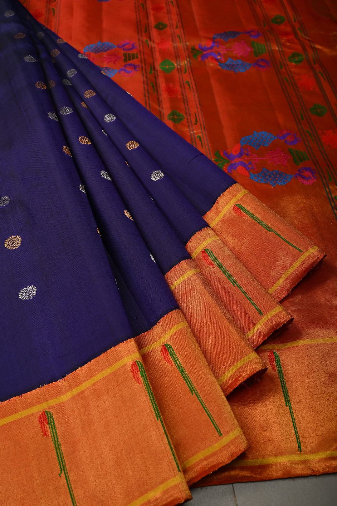 Navy Blue Korvai Gadwal Paithani Inspired Silk Saree with Gold-Silver Buttas and Muniya Tissue Zari Border | SILK MARK CERTIFIED | SHOBITAM