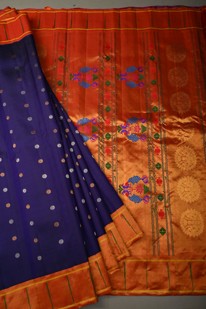 Navy Blue Korvai Gadwal Paithani Inspired Silk Saree with Gold-Silver Buttas and Muniya Tissue Zari Border | SILK MARK CERTIFIED | SHOBITAM
