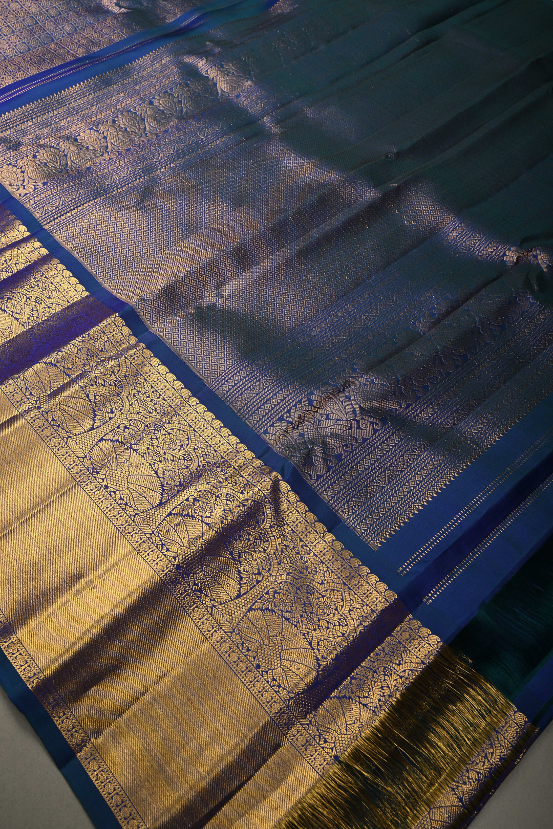 Blue-Purple Dual Tone Pure Gadwal Silk Saree with Patola Zari Brocade and Wide Zari Border | SILK MARK CERTIFIED | SHOBITAM