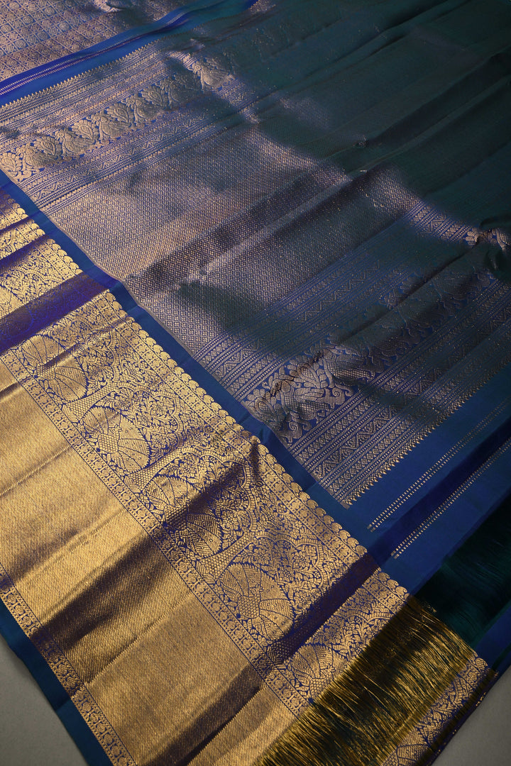 Blue-Purple Dual Tone Pure Gadwal Silk Saree with Patola Zari Brocade and Wide Zari Border | SILK MARK CERTIFIED | SHOBITAM