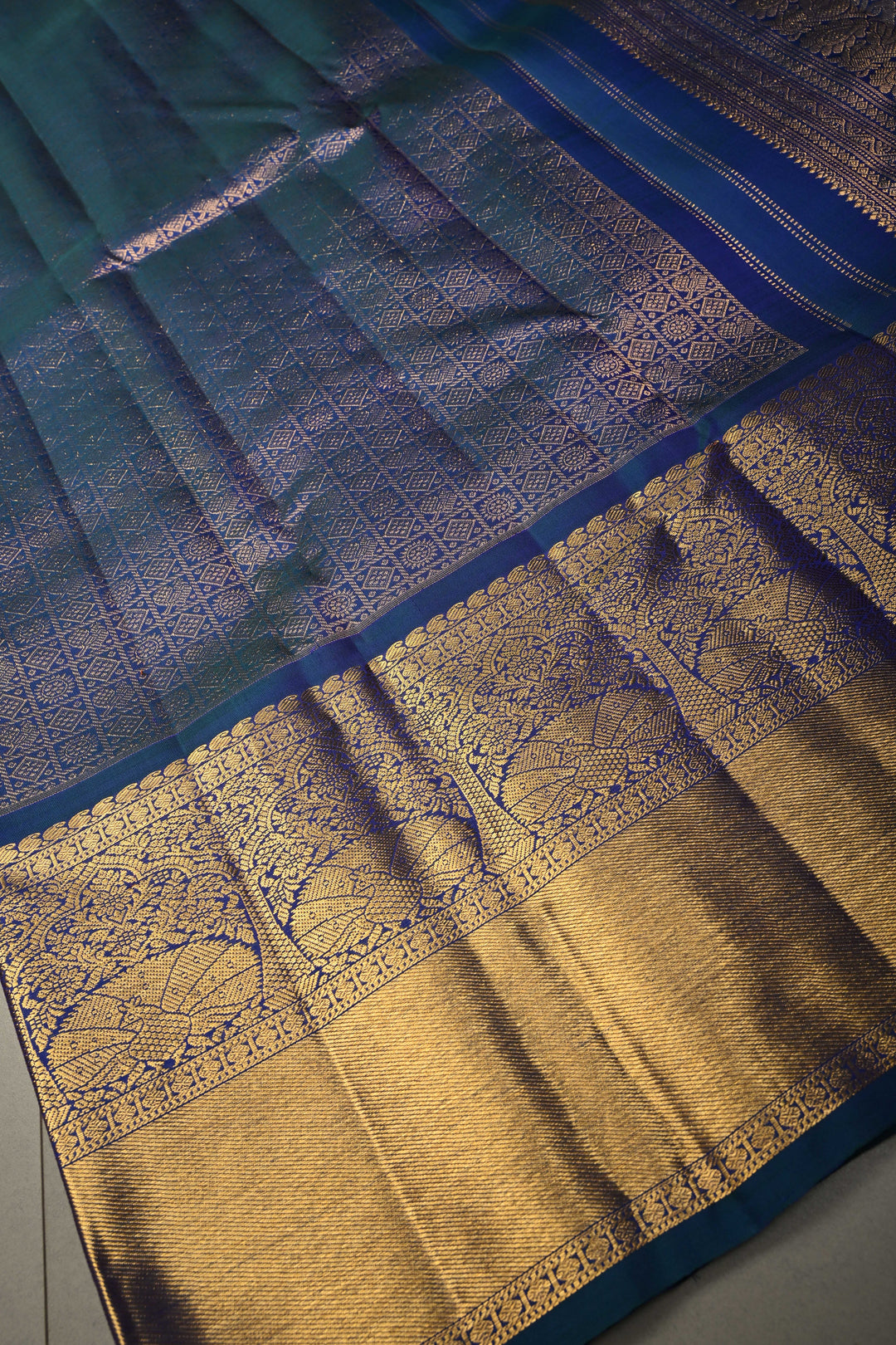 Blue-Purple Dual Tone Pure Gadwal Silk Saree with Patola Zari Brocade and Wide Zari Border | SILK MARK CERTIFIED | SHOBITAM