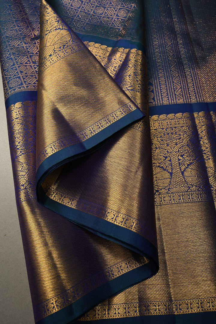 Blue-Purple Dual Tone Pure Gadwal Silk Saree with Patola Zari Brocade and Wide Zari Border | SILK MARK CERTIFIED | SHOBITAM